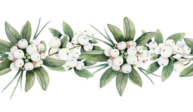 Snowberry branches and white berries watercolor seamless border illustration. Hand drawn Christmas plant botanical banner for winter holidays and New Year
