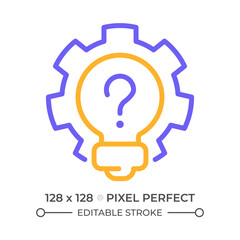 Creative question two color line icon. Lightbulb, gear and question mark bicolor outline symbol. Brainstorming. Innovative solution. Duotone linear pictogram. Isolated illustration. Editable stroke