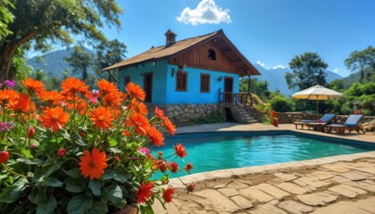Fototapeta premium Orange Flowers, Swimming Pool and Cottage.