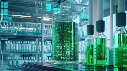 Fototapeta premium Environmentfriendly battery technology in a modern lab, digital binary as object, vivid color scheme, side view, showcasing ecofriendly advancements