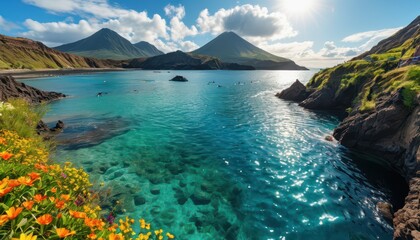 Obraz premium Volcanic Island Lagoon with Kayakers.