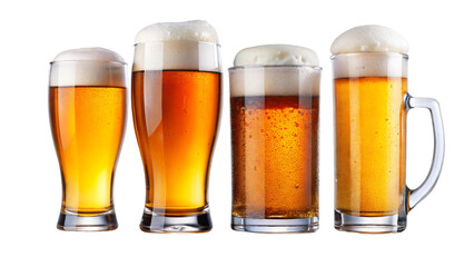 A tall, glasses filled with golden colored lager beer, topped with a creamy white foam, sits isolated on a bright white background