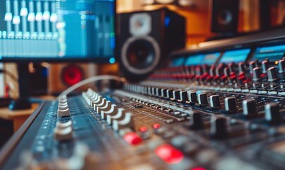 Close-Up of a Sound Mixing Console in a Recording Studio