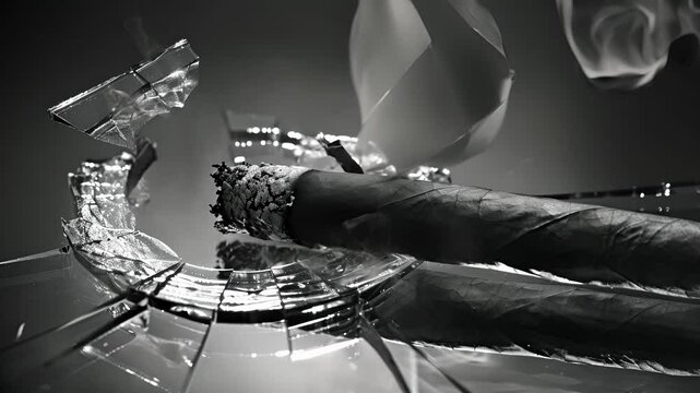The reflection of a smoldering cigar is distorted in a broken convex mirror adding to the illusion of smoke and mirrors. Black and white art