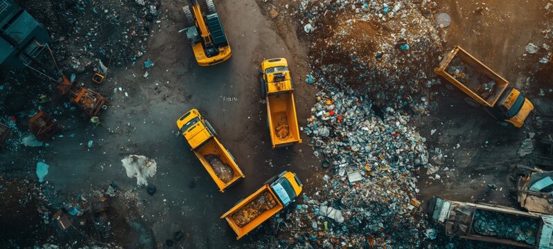Aerial View of Recicling Site with Heavy Machinery and Dump Trucks Amidst Rubble and Debris
- Powered by Adobe