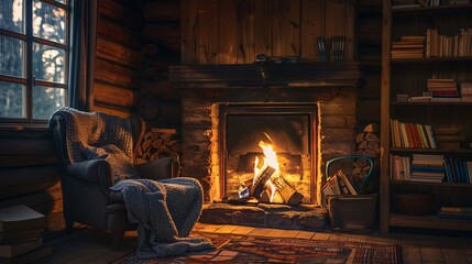 Cozy Cabin Interior with Fireplace and Armchair