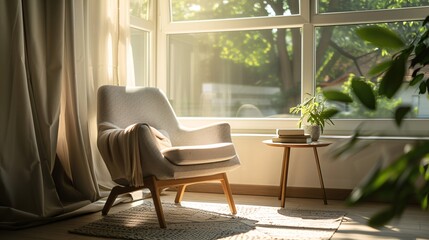 Fototapeta premium Cozy Armchair in Sunlit Corner with Greenery and Books
