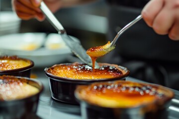 Professional Photography of patissier caramelizing crème brûlée, capturing the dessert finishing process, Generative AI