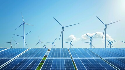 Premium green energy technology with solar panels and wind turbines, digital tone, analogous color scheme, front view, emphasizing advanced sustainability