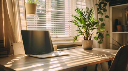 Fototapeta premium Home Office Workspace with Laptop and Plants