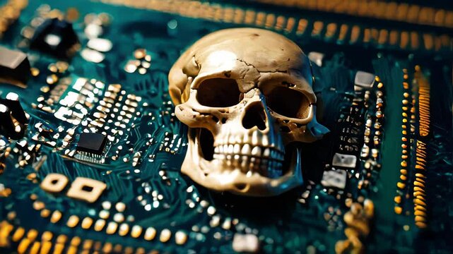 A skull is on top of a computer chip