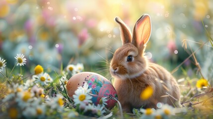 Adorable Easter Bunny with Egg and Spring Flowers in Pastel Colors