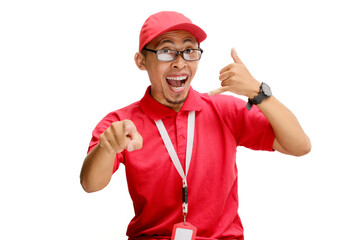 Asian delivery man or courier stands confidently against a white background, pointing directly at the camera while making a friendly 'call me' gesture with his other hand.