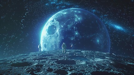 A digital illustration showing the Moon with astronauts planting flags on its surface, celebrating International Moon Day. The background features a starry night sky and Earth in the distance. Copy