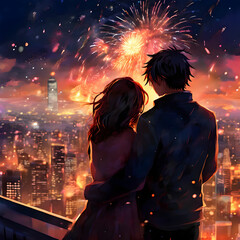 Anime Couple celebrating New Year eve