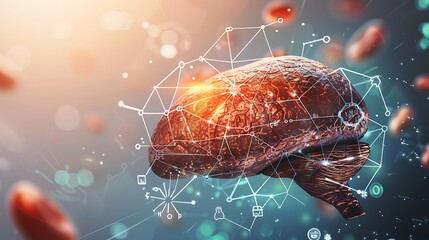 A detailed image of the liver with informational text on hepatitis prevention, symbolizing World Hepatitis Day. The background includes medical icons and a supportive theme. Copy space for text,