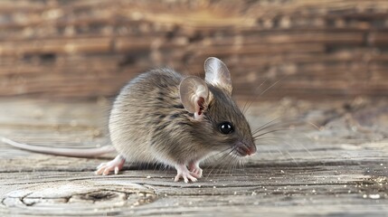 Gray small cute mouse on wooden background. 