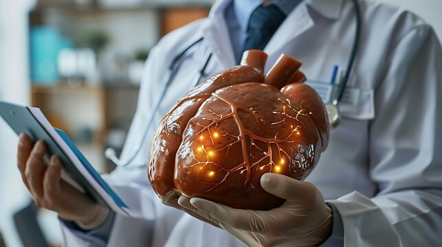 A healthcare professional holding a model of the liver and explaining hepatitis prevention to a group, marking World Hepatitis Day. The background includes educational materials and a supportive