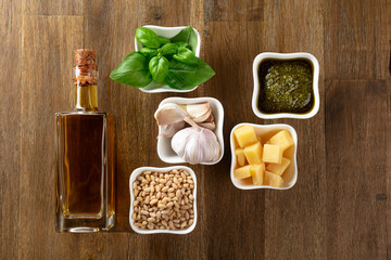 Homemade pesto sauce and ingredients.