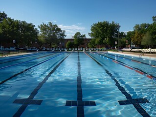 Obraz premium Scenic backyard swimming oasis Sunlit poolside relaxation spot a serene outdoor swimming pool scene with clear water reflecting sunlight, surrounded by lush greenery and a peaceful atmosphere.