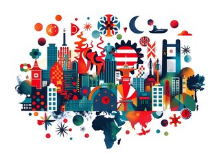 Obraz premium Travel-Inspired Urban Art Creative Skyline Mural Design Cultural Expression Through Colors This vibrant urban art illustration features a colorful skyline, blending nature and architecture