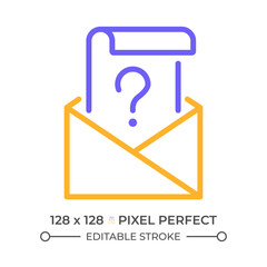 Mail question two color line icon. Letter and question mark bicolor outline symbol. Email problem solving. Business question. Duotone linear pictogram. Isolated illustration. Editable stroke