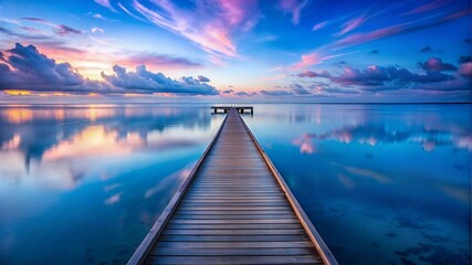 Fototapeta premium long wooden pier over blue sea, evening, serene atmosphere, calm water,