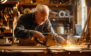 An elder carpenter carefully uses a circular saw to cut a wooden board. The concept of craftsmanship, skill, and the dedication of lifelong tradesmen. Generative AI.