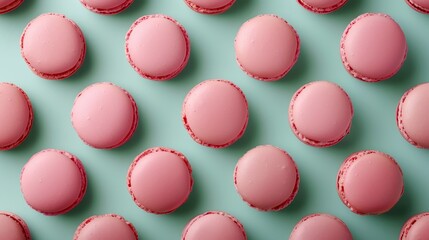 Fototapeta premium Strawberry macaroons on color background,parisian chic cafe dessert, sweet food and cake macaron for luxury confectionery brand,Pastry, bakery and branding concept.