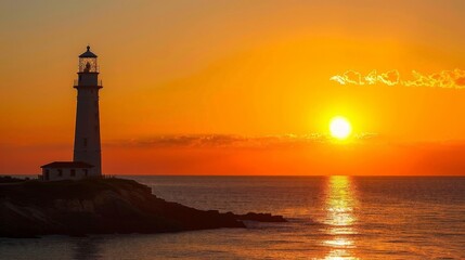 The serene beauty of a sunset over a lighthouse, the sky turning golden as the sun sets behind the beacon, creates a picturesque and tranquil scene.