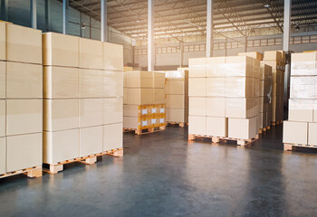 Package Boxes Stacked on Pallets in Warehouse. Carton, Cardboard Boxes. Storage Warehouse. Supplies Shipment. Supply Chain, Warehouse Shipping Logistics.	
