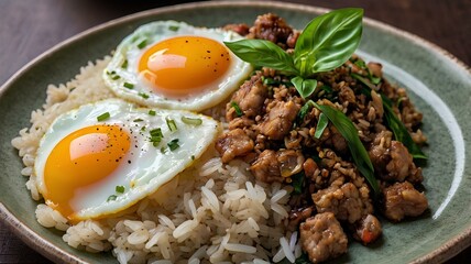 Rice, stir-fried minced pork with basil, 1 fried egg, Thai food, basil leaves