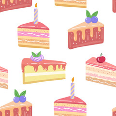 Cake slice pieces  isolated on white background. Seamless pattern.