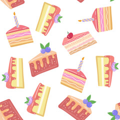 Cake slice pieces  isolated on white background. Seamless pattern.