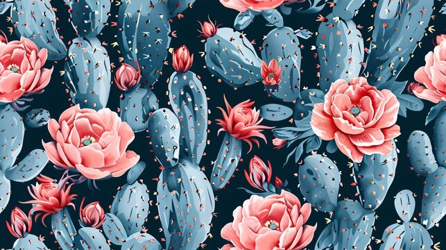 Hand-drawn desert print with a mix of summer cactus and blooming succulents, perfect for fashion fabric.
