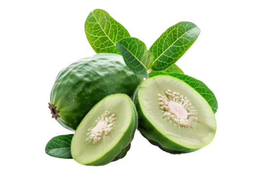 Feijoa fruit with leaves isolated on transparent background