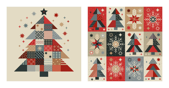 Merry Christmas and Happy New Year! Vector cute illustration of a festive Christmas tree
and collage holiday elements in patchwork style. Xmas vector for card, poster or background.
