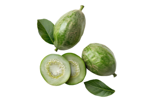 Feijoa fruit with leaves isolated on transparent background
