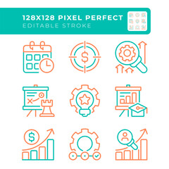 Business operations two color line icons set. Business training. Financial growth. Corporate strategy. Scheduling bicolor outline iconset isolated. Duotone pictograms thin linear. Editable stroke