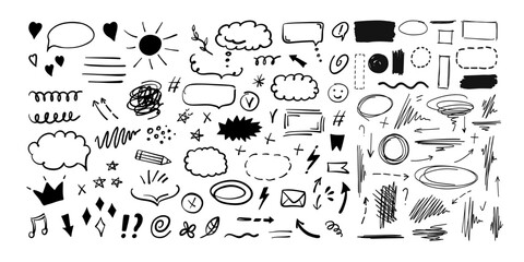 Simple sketch line style elements. Doodle cute ink pen line elements isolated on white background. Doodle arrow, heart, star, decoration symbol, icon set. Vector illustration.