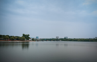 Fototapeta premium Beautiful scenery of the lake on a rainy day, Changchun, China