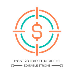 Financial goal two color line icon. Target and dollar sign bicolor outline symbol. Financial planning. Business economy. Duotone linear pictogram. Isolated illustration. Editable stroke