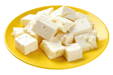 Fate cheese on yellow plate isolated on transparent background