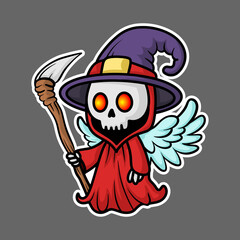 skull sticker wearing grim reaper costume, cartoon style, Chibi Style.