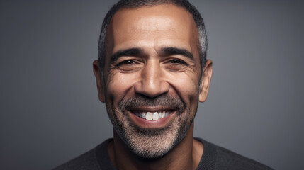 Obraz premium Smiling mixed race mature man on grey background
