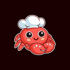 sticker of a crab wearing a chef's hat, cartoon style, Chibi Style.