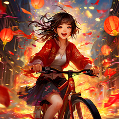 Anime style chinese girl on a bicycle enjoying new year celebration scene