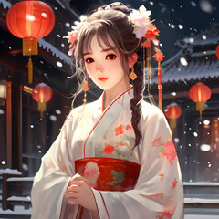 Chinese Lady having traditional white dress celebrating festival