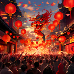 Chinese new year celebration scene in anime style