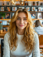 Beautiful freelancer smiling while working remotely from coworking space